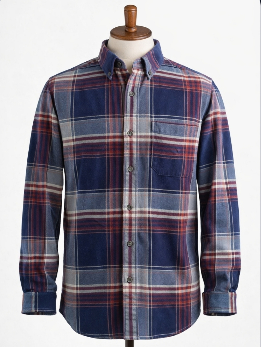 Eddie Bauer Navy Plaid Flannel Shirt M Rugged Cabincore Maroon Rust Button Down